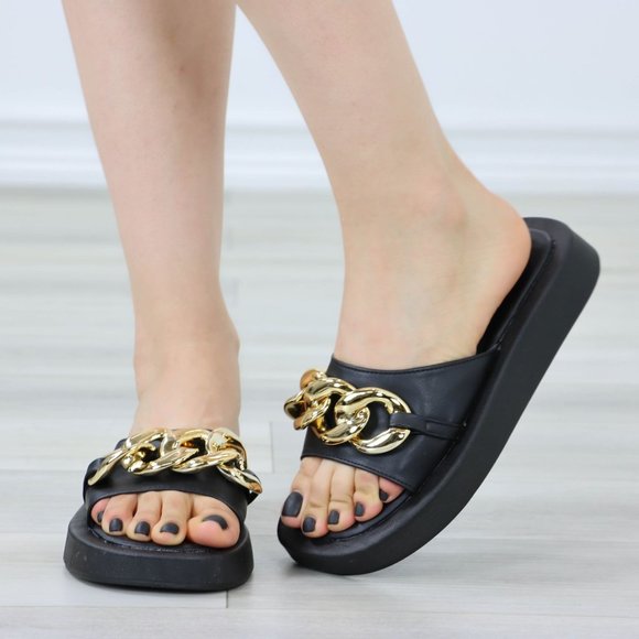 Black Chunky Comfy Flat Sandal Slip On Sliders - Picture 11 of 14